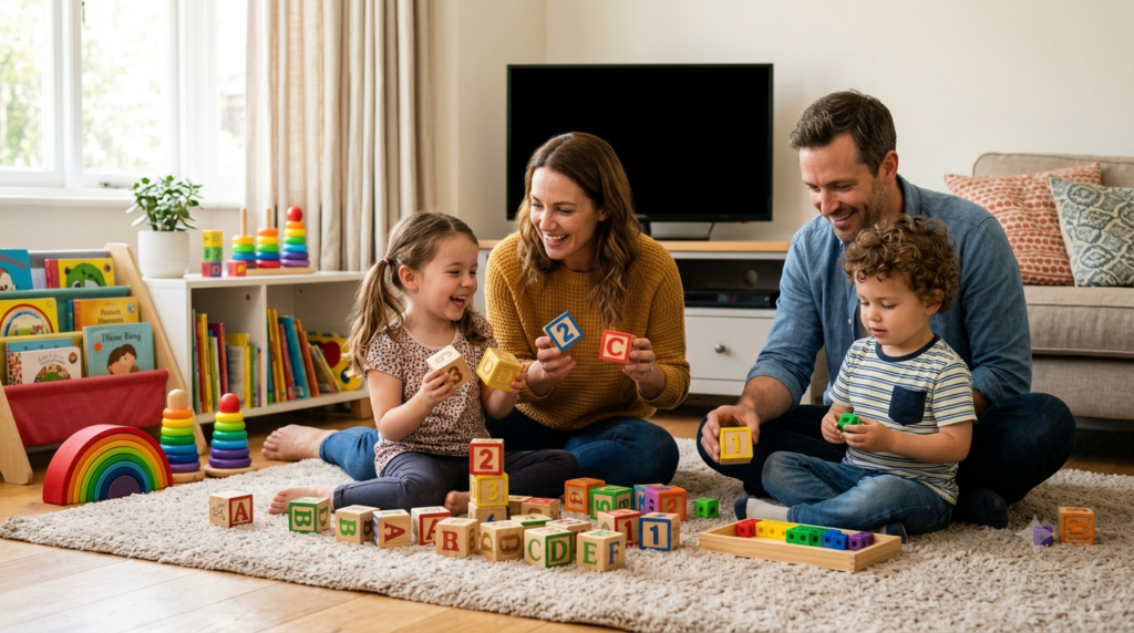 Parents reinforcing early learning activities after educational screen time.