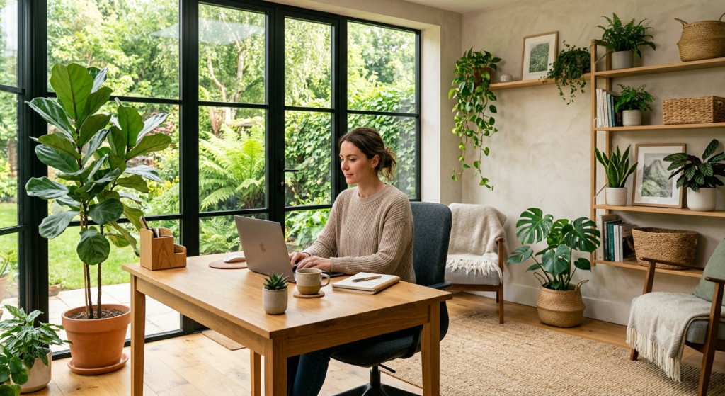 Biophilic workspace with indoor plants supporting daily nature connection.