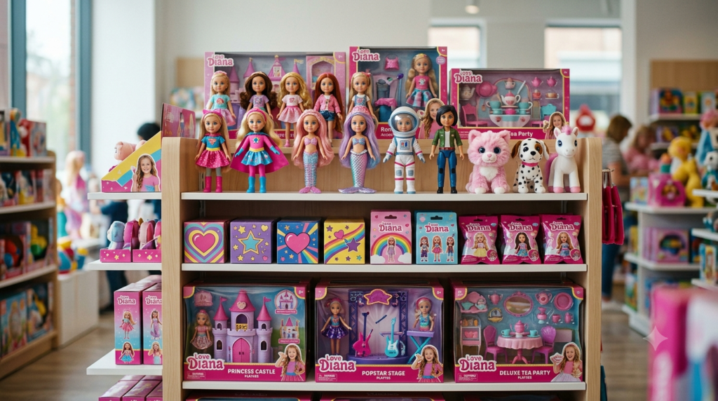 Love Diana character toys including mini dolls, Roma figures, playsets, and collectible accessories.