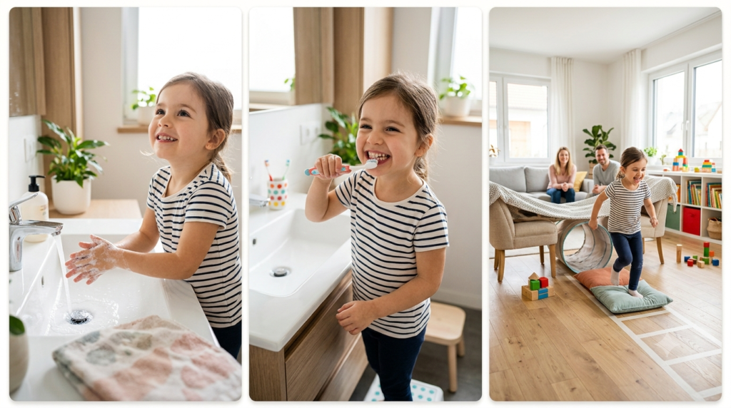 Healthy hygiene and active play routines for young children.