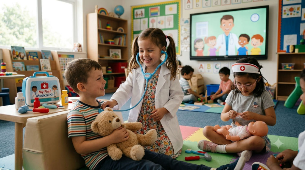 Children engaging in pretend doctor play inspired by educational storytelling.