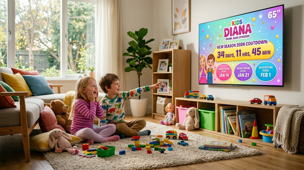 Kids waiting for the Diana Show 2026 release date in a modern family living room.