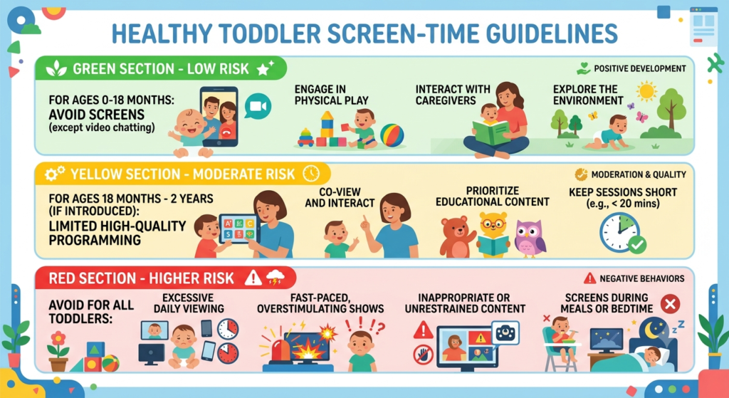 Healthy screen-time recommendations for toddlers watching online videos.