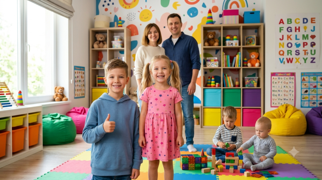 Kids Diana Show characters featuring Diana, Roma, their parents, and younger brothers together in a colorful family playroom.