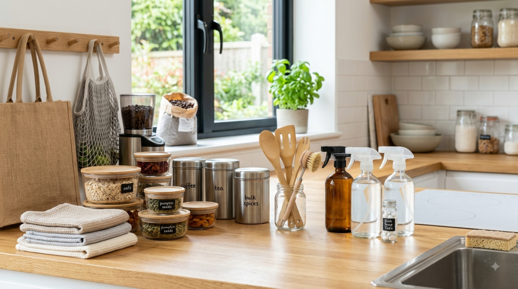 Zero waste kitchen with refillable cleaning products and plastic free storage.