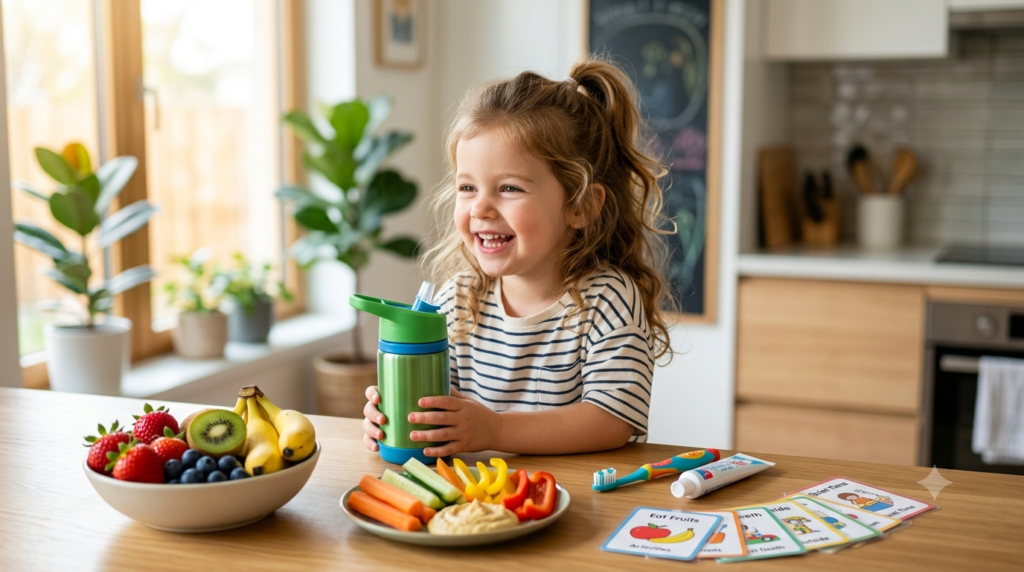 Healthy kids daily habits including nutrition hydration hygiene and active play.