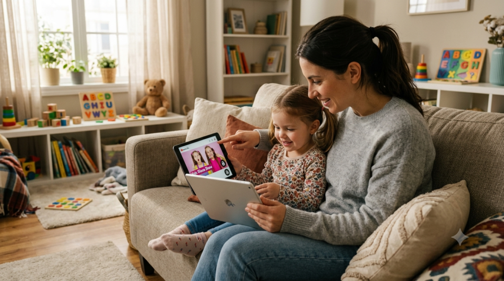 Parent safely watching Kids Diana Show with a preschool child using YouTube Kids parental controls.