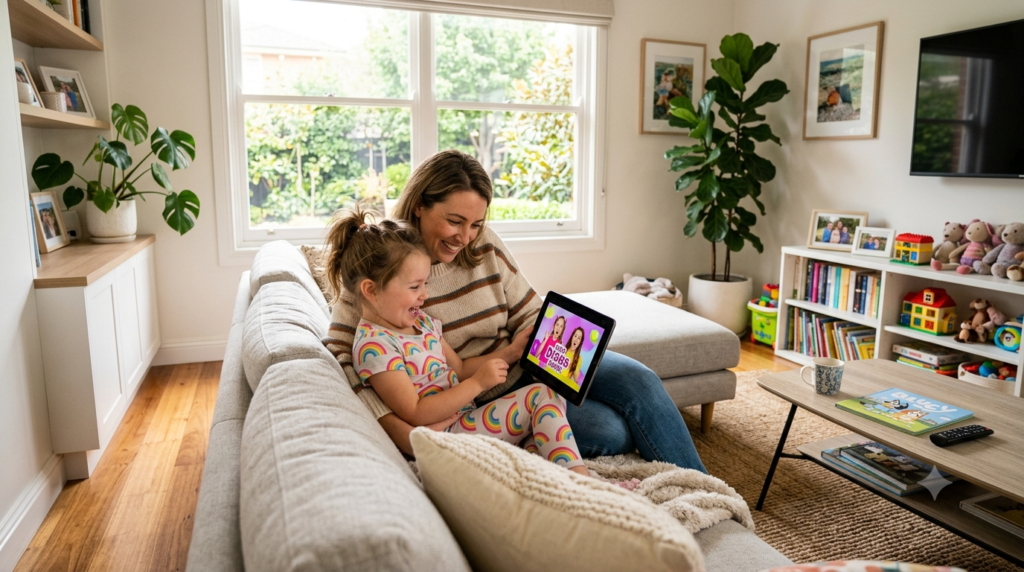 Parent watching Kids Diana Show together with a preschool child.