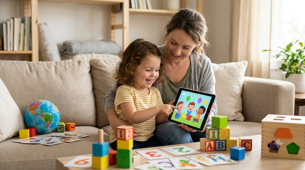 Parent and toddler watching educational learning videos together