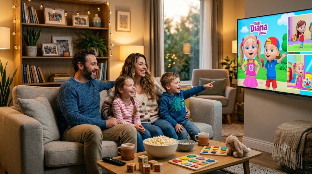 Parents watching official Kids Diana Show episodes safely using YouTube Kids parental controls.