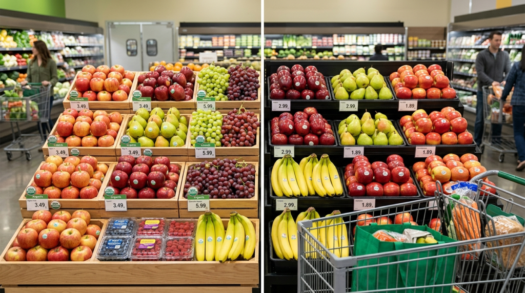 Organic food vs conventional food comparison in a supermarket produce section.