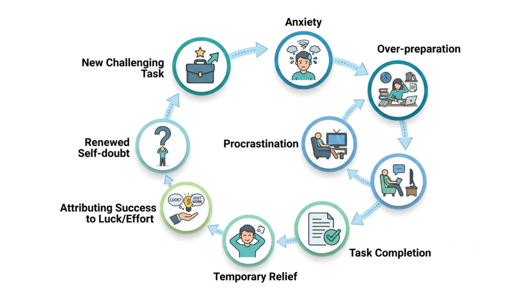 Imposter syndrome cycle showing anxiety, perfectionism, procrastination, and self-doubt.