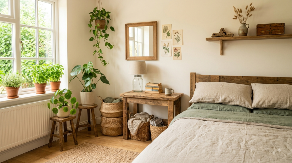 Budget friendly eco friendly bedroom with organic bedding and reclaimed furniture.