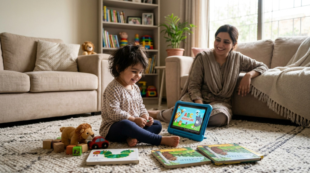Toddler watching low-stimulation educational content as an alternative to Diana Show in 2026.