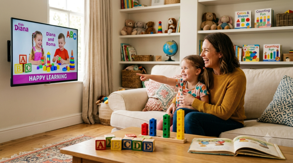 Parents reinforcing early learning activities after educational screen time.