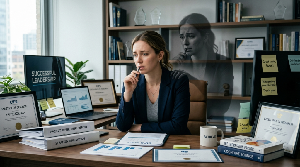 Psychology of imposter syndrome showing a successful professional struggling with self-doubt.