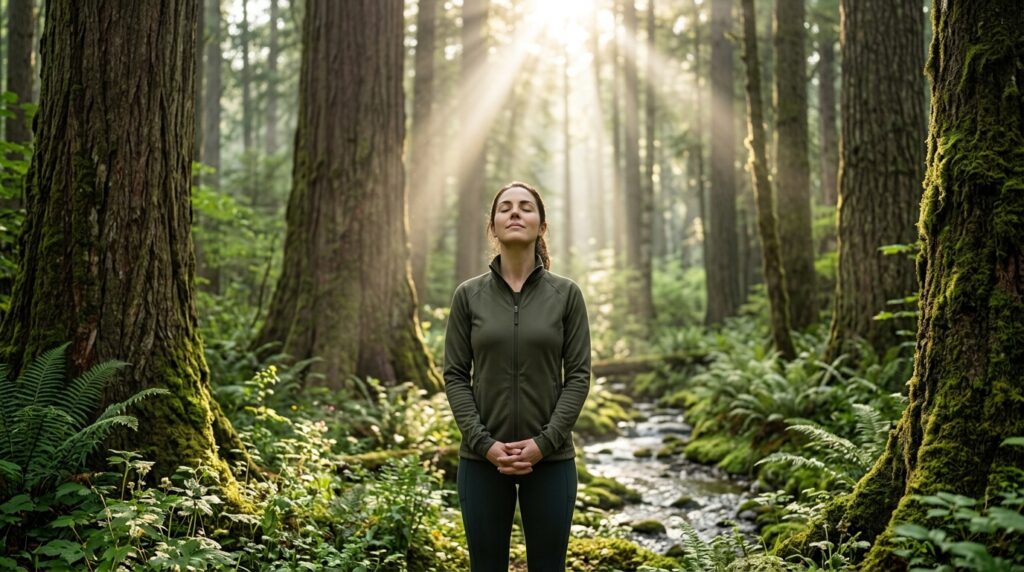 Person walking through a forest demonstrating how nature exposure improves focus and mental clarity.