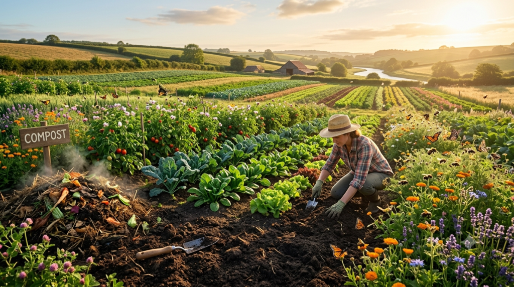 Sustainable organic farming practices with healthy soil and diverse crops.
