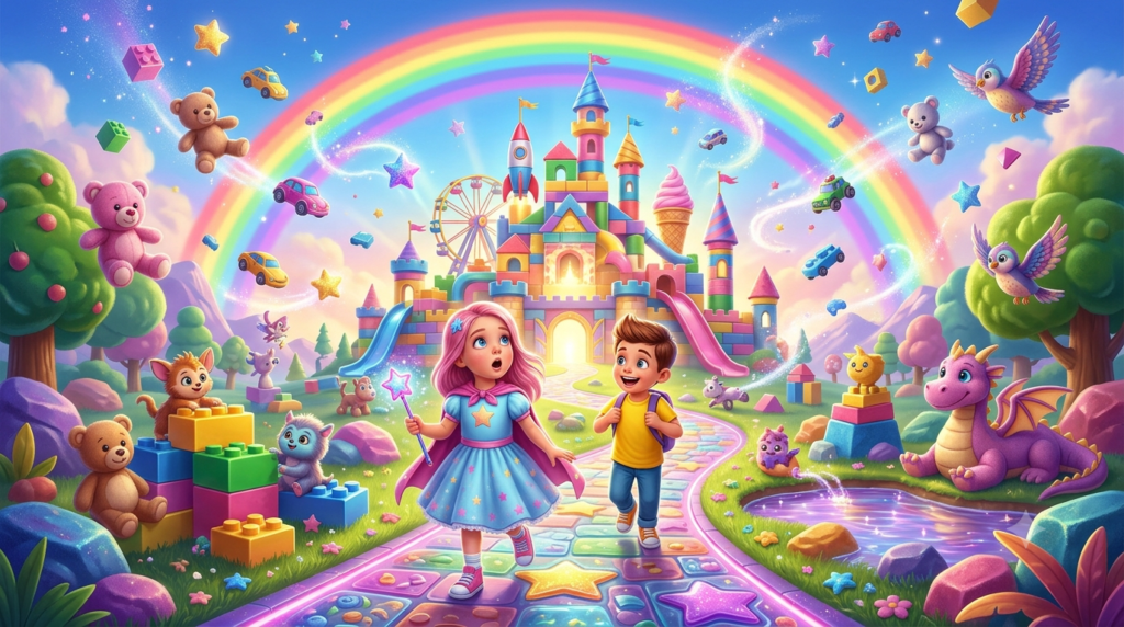 Love Diana animated characters exploring the magical Land of Play during a colorful fantasy adventure.