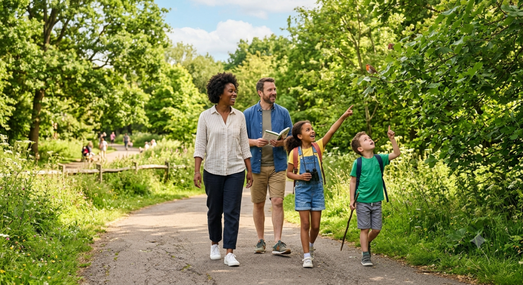 Family practicing nature connection together in a local urban park.