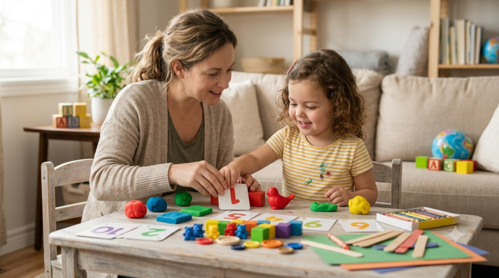 Toddler learning numbers colors vocabulary and fine motor skills.