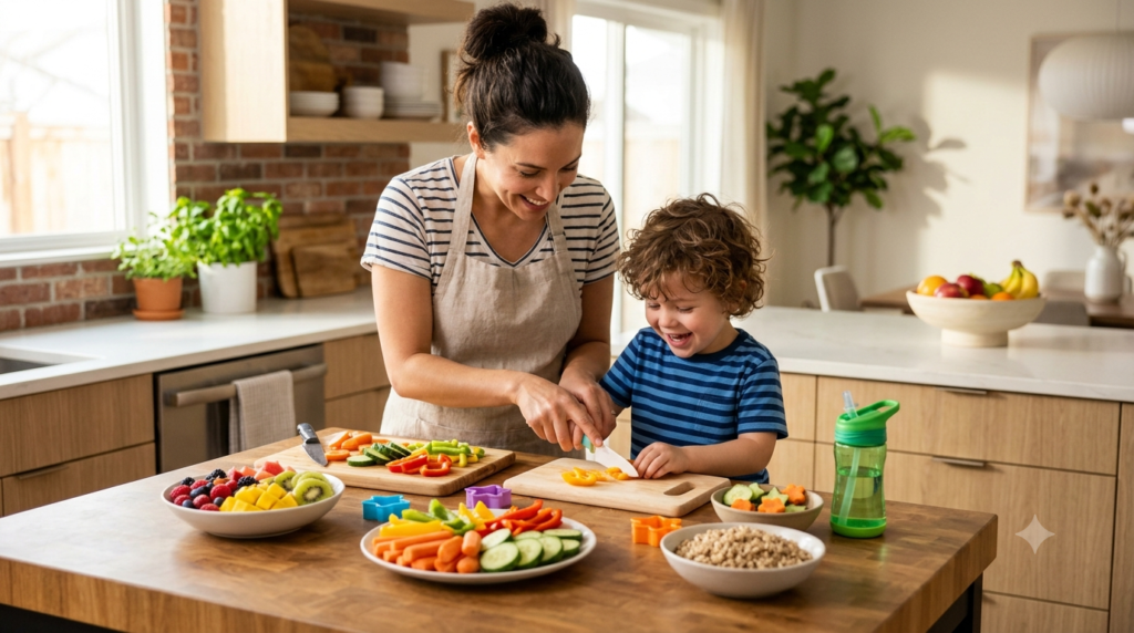 Parent teaching a child healthy eating habits through playful meal preparation.