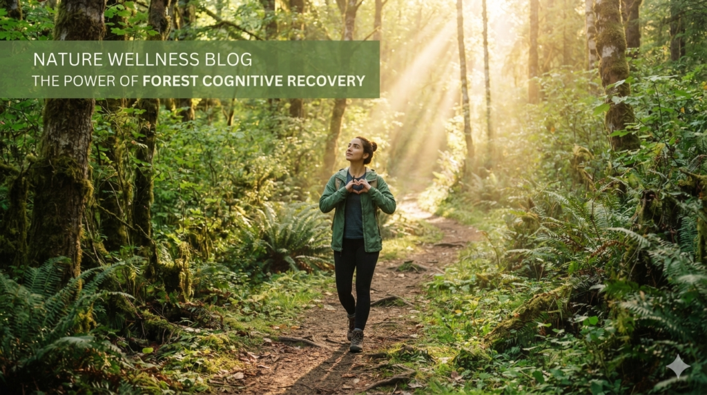 Shinrin-yoku forest bathing session improving attention, memory, and stress recovery.