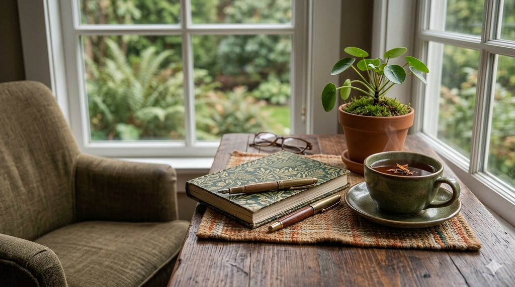 A open journal and tea on a wooden table representing self-reflection for spiritual disconnection and inner emptiness.