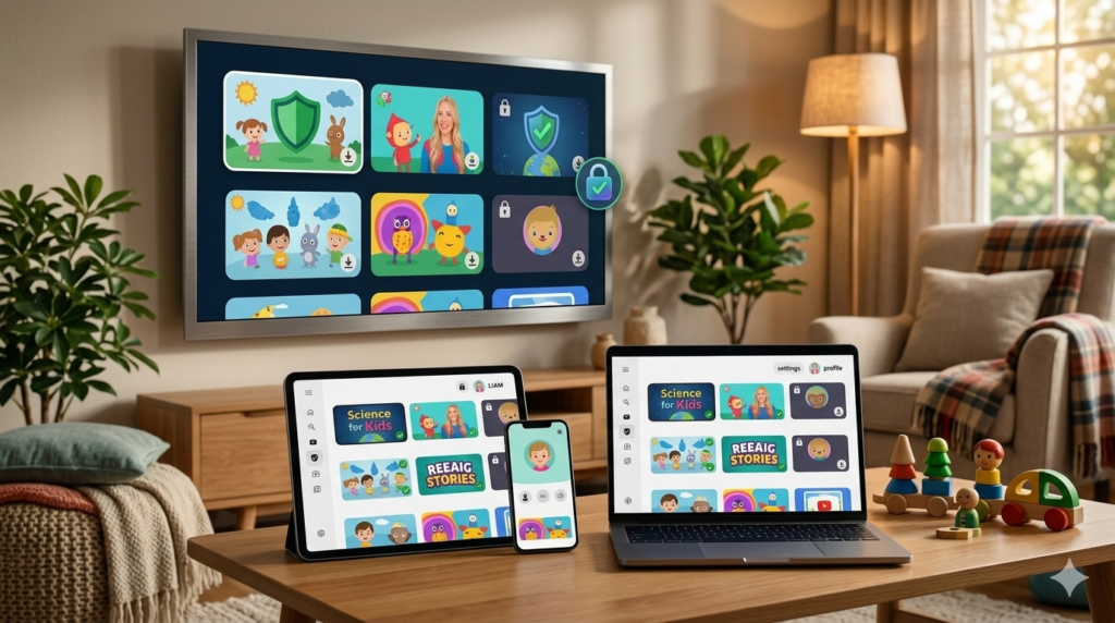 Official streaming devices displaying safe Kids Diana Show content with offline download and parental safety features.