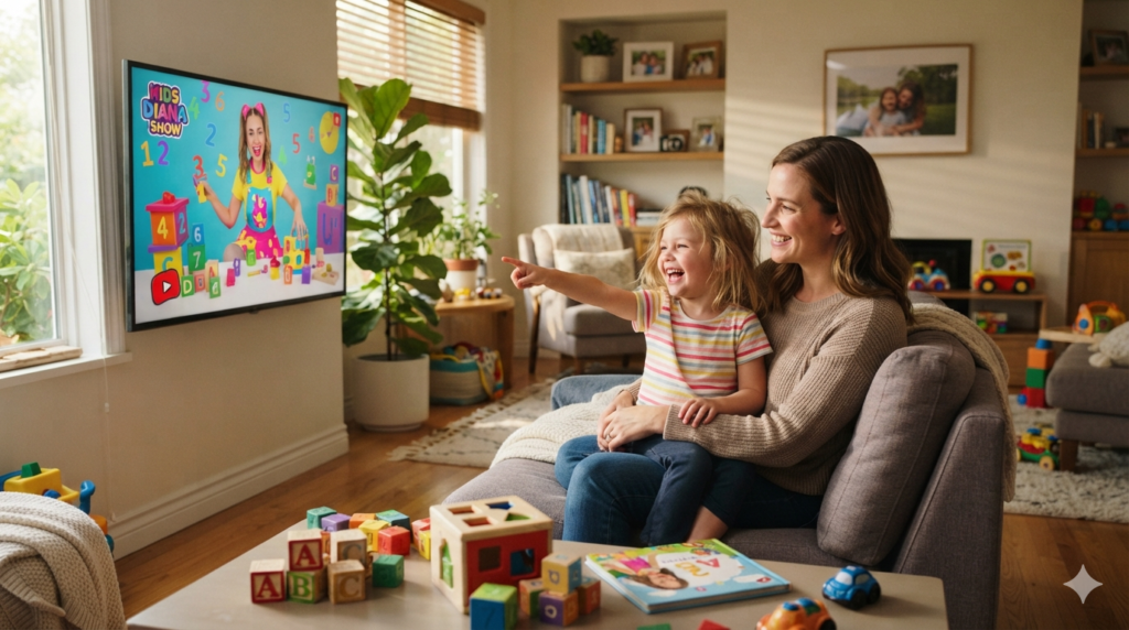 Parent co-viewing educational Kids Diana-style content with a preschool child.