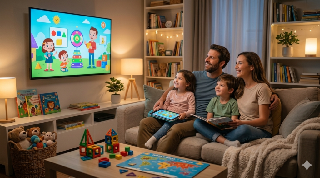 Family enjoying children's educational entertainment together in a cozy living room.