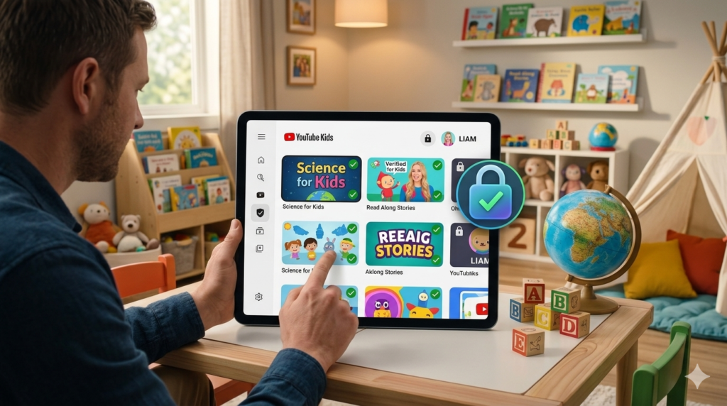 Parent configuring YouTube Kids parental controls for safe Diana Show streaming.