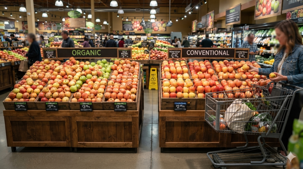 Properly washing conventional fruits and vegetables to reduce surface residues.
