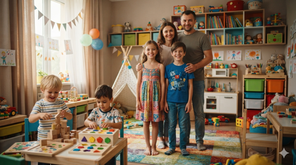 Kids Diana Show characters featuring Diana, Roma, their parents, and younger brothers together in a colorful family playroom.