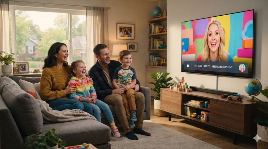 Family safely watching Kids Diana Show on a smart TV with parental controls enabled in a modern living room.