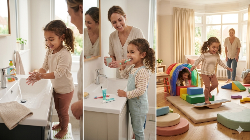 Healthy kids daily habits including nutrition hydration hygiene and active play.