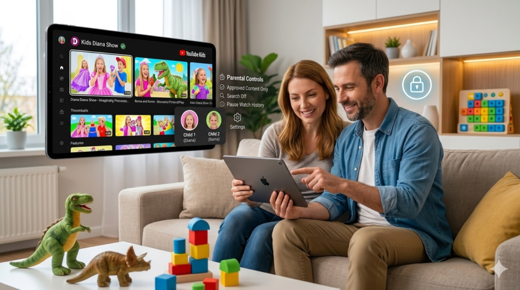 Parents using official Kids Diana Show channel with parental controls in 2026.