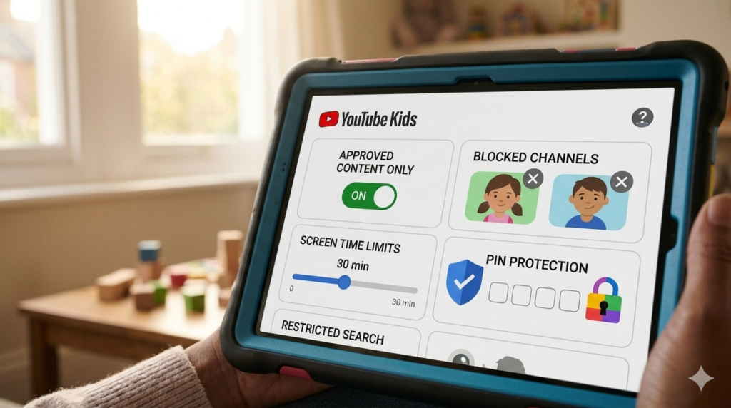 YouTube Kids parental controls configured for safe Kids Diana Show viewing.