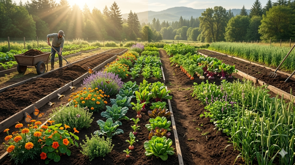 Sustainable organic farming practices with healthy soil and diverse crops.