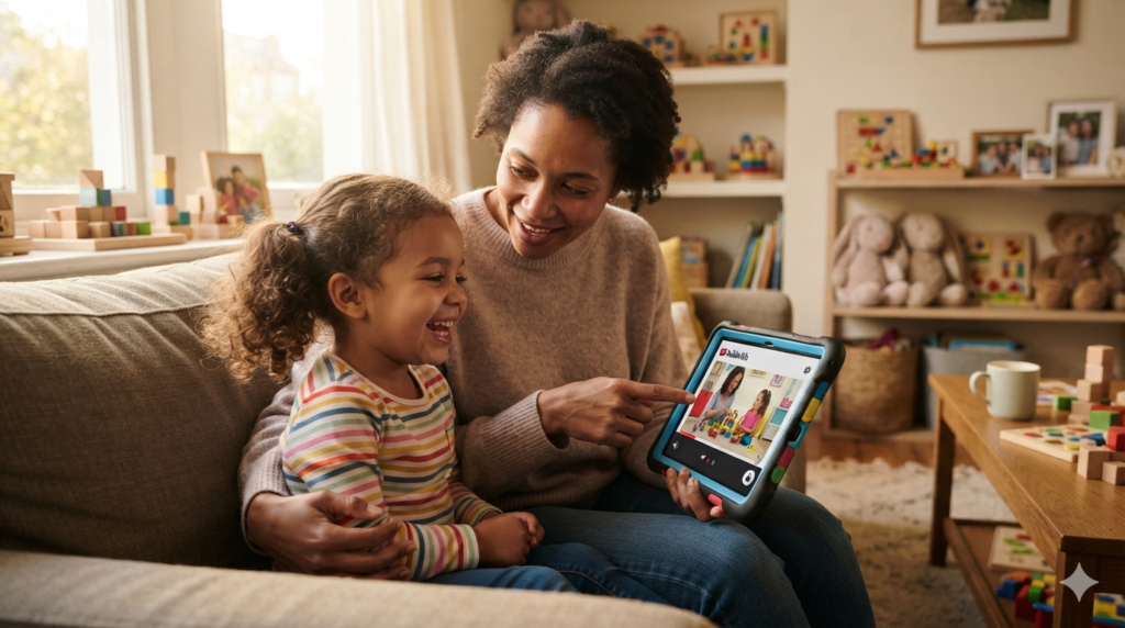 Parent safely watching Kids Diana Show with a preschool child using YouTube Kids parental controls.
