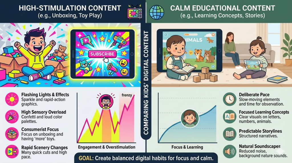 .Comparison between Kids Diana Show and low-stimulation educational alternatives.
