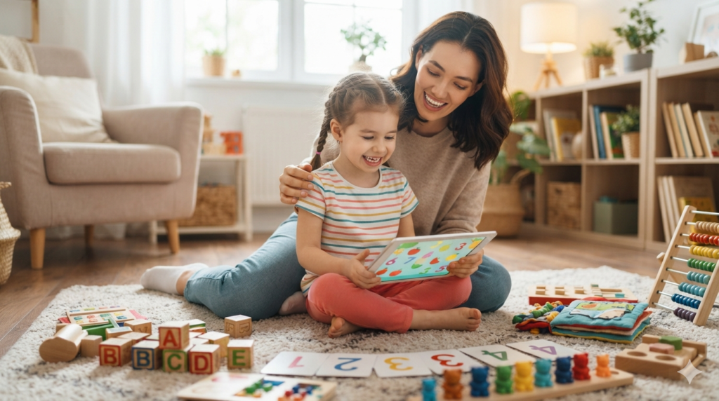 Parent and toddler watching educational learning videos together.