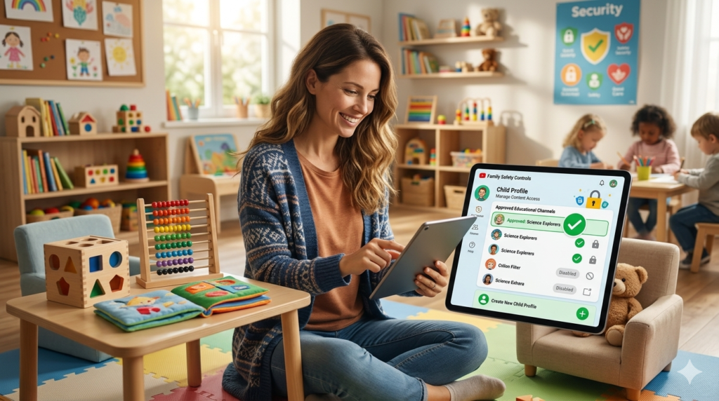 Parent enabling parental controls and approving verified children's channels on YouTube Kids.