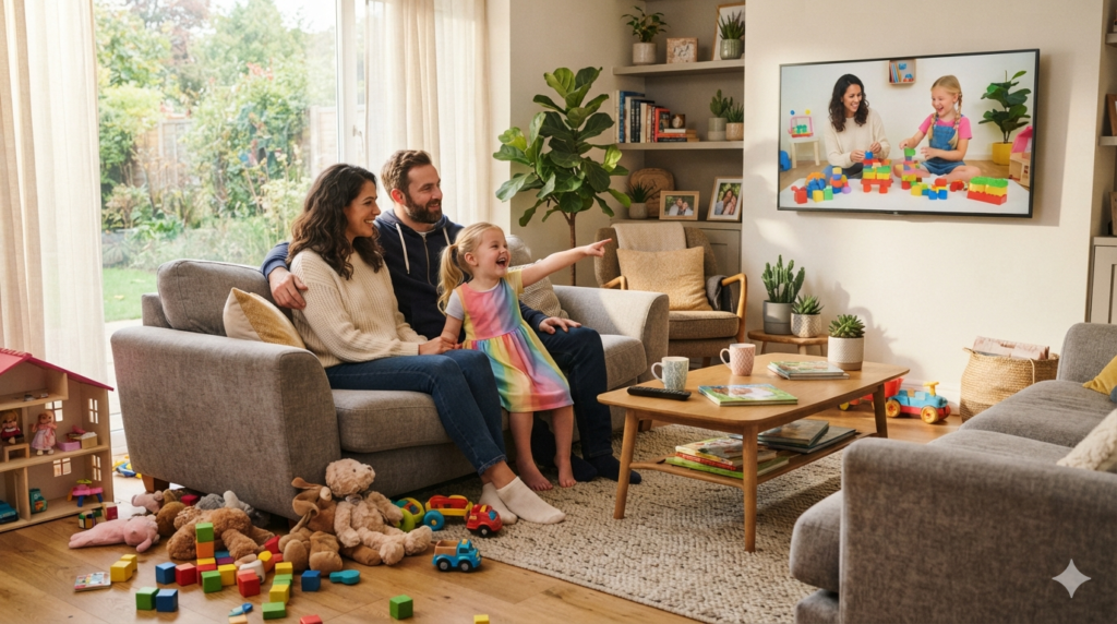 Parents watching Kids Diana Show with their preschool child at home.