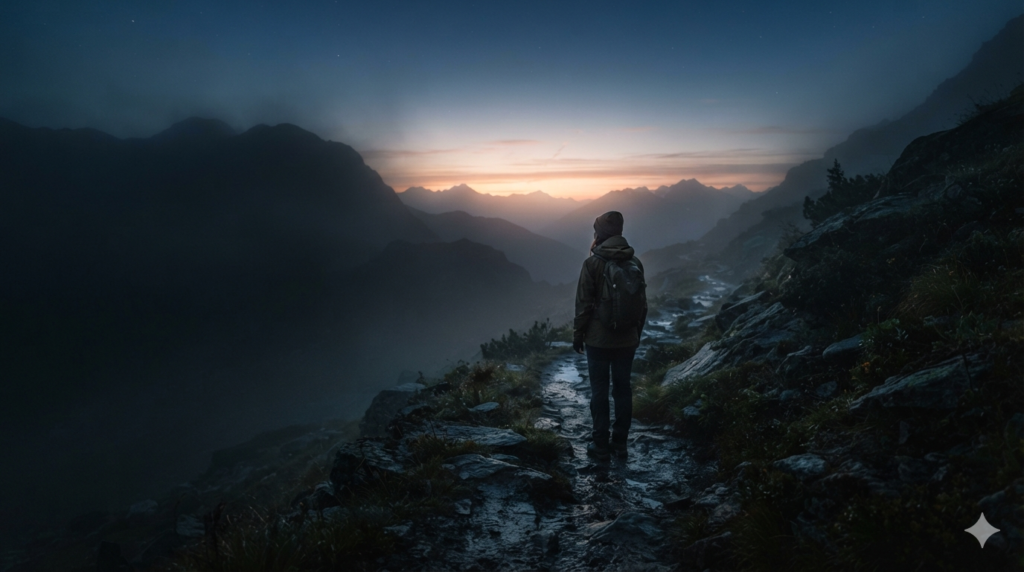 Person walking through darkness toward light during a dark night of the soul.