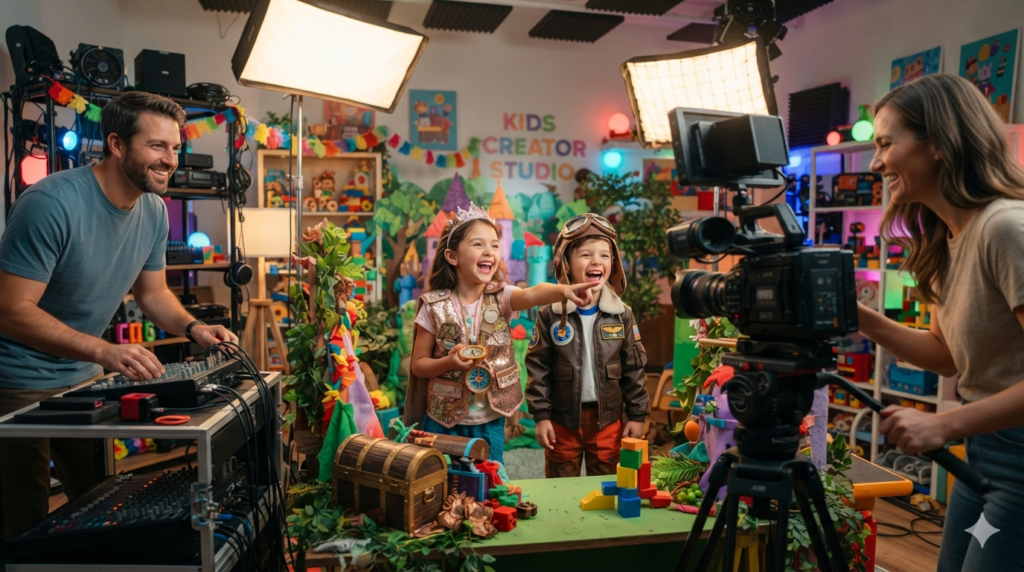 Children filming a colorful pretend-play adventure in a modern family studio.