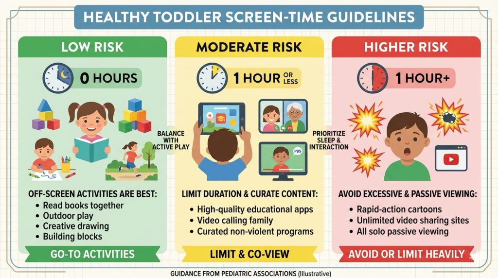 Healthy screen-time recommendations for toddlers watching online videos.