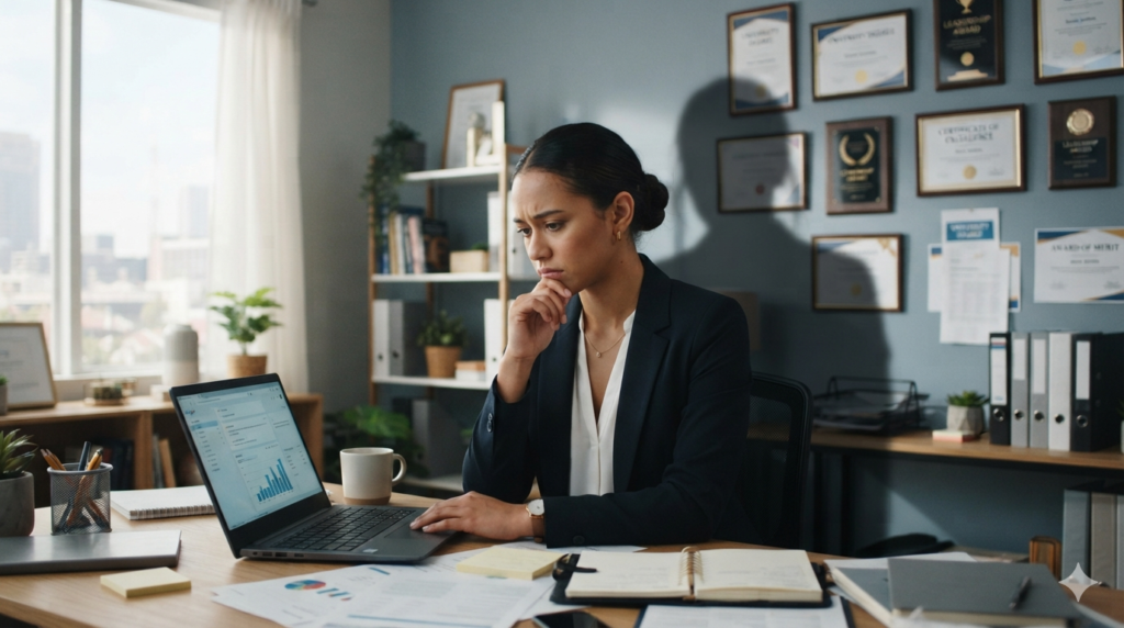 Psychology of imposter syndrome showing a successful professional struggling with self-doubt.