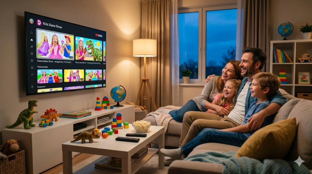 Family watching Diana Show 2026 episodes on smart TV