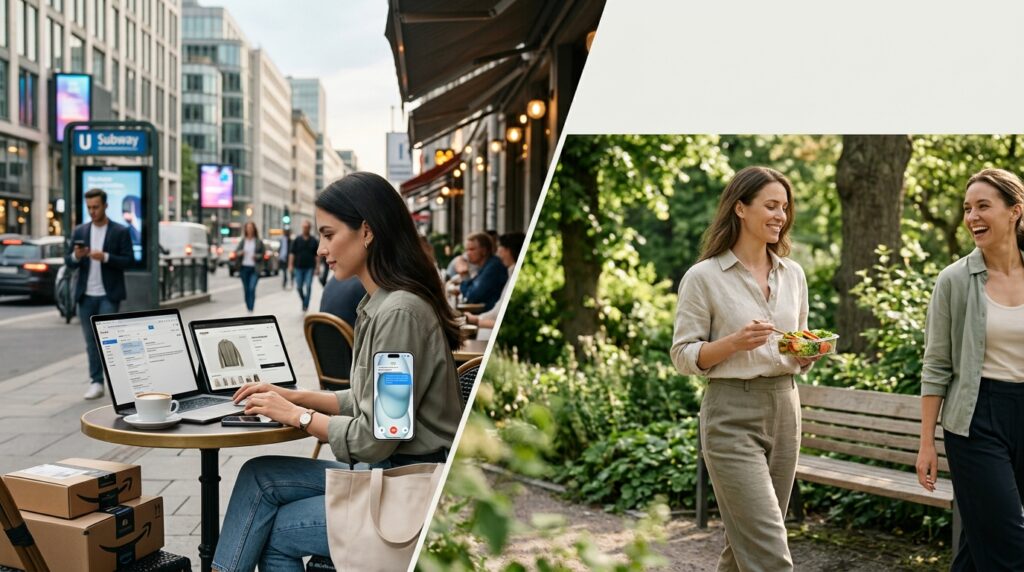 Modern lifestyle pros cons showing technology, convenience, health, and wellbeing balance.